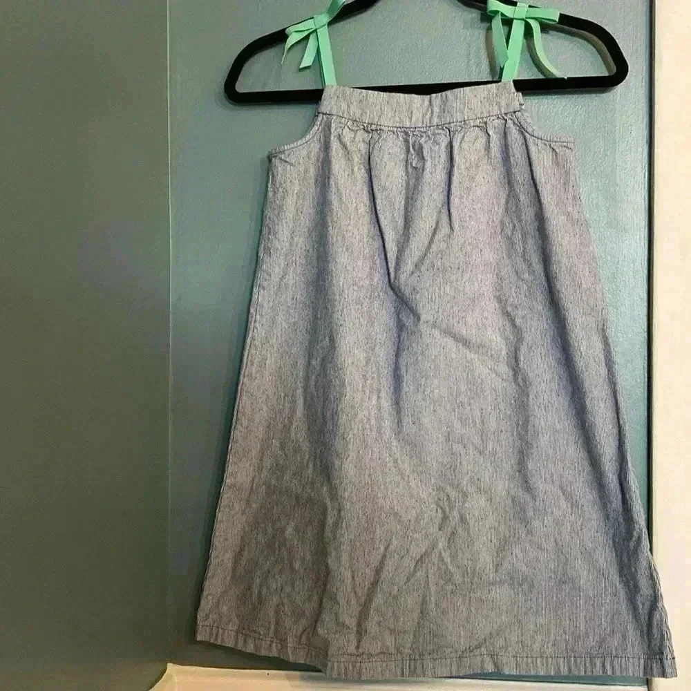 Hanna Anderson girls 100% cotton dress - blue with teal ribbon ties -140